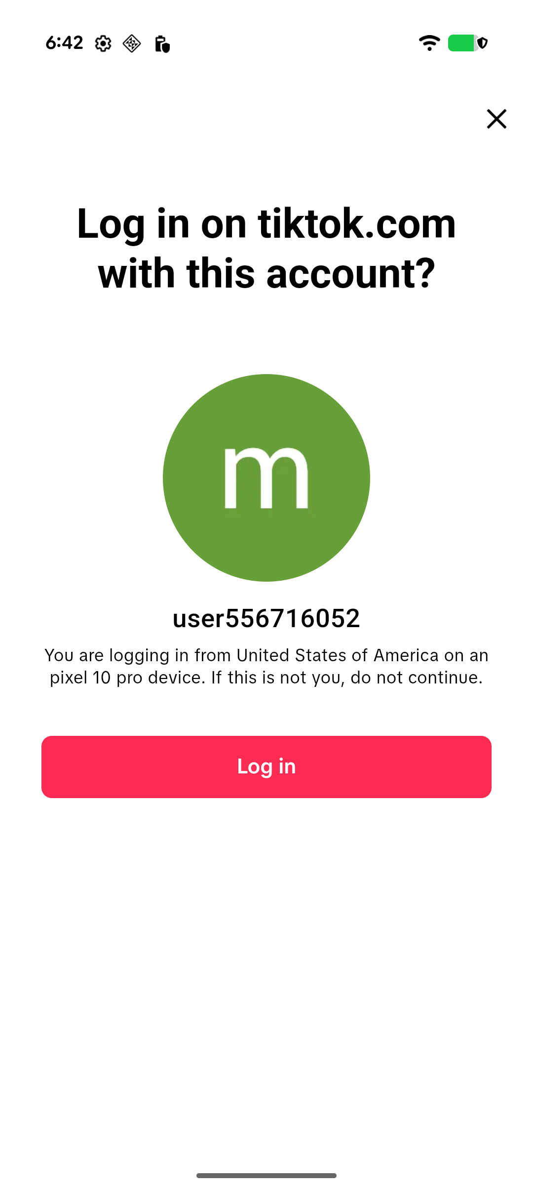 شاشة تأكيد الدخول داخل تطبيق TikTok
